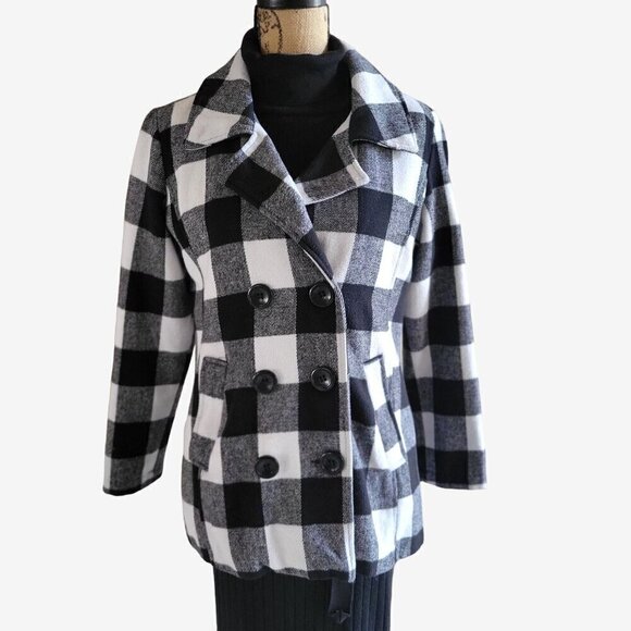 Black & White Plaid Double-Breasted Peacoat Jacket By Me Jane M - Picture 4 of 7